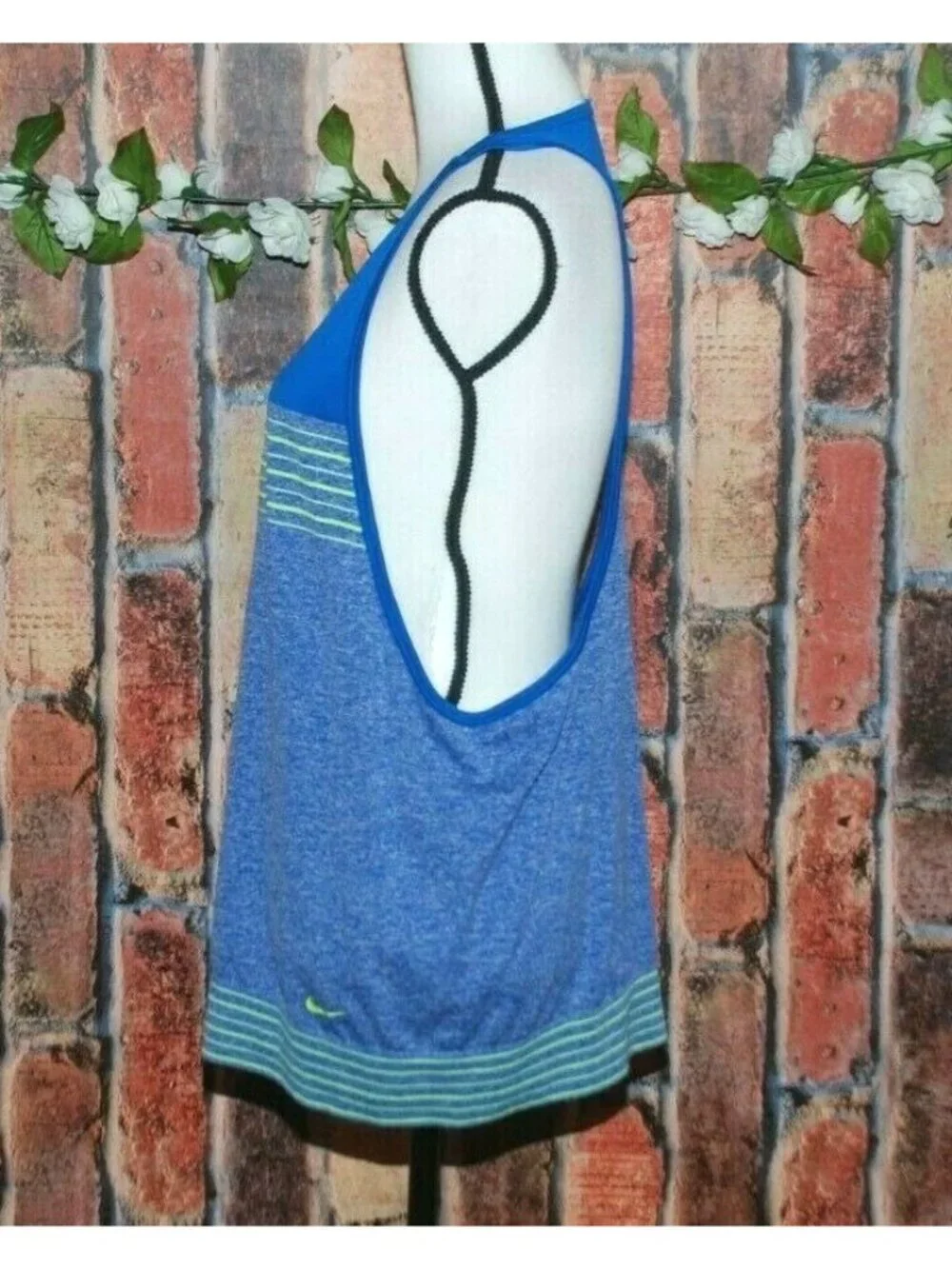 Nike Dri-FIT Womens Large Racerback Tank Top Blue Volt Green Striped Running